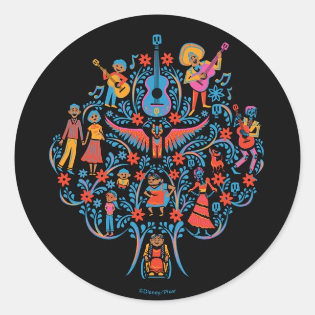 Disney Pixar Coco | Colourful Character Tree Classic Round Sticker (Front)