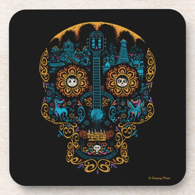 Disney Pixar Coco | Colourful Ornate Skull Guitar Coaster (Front)