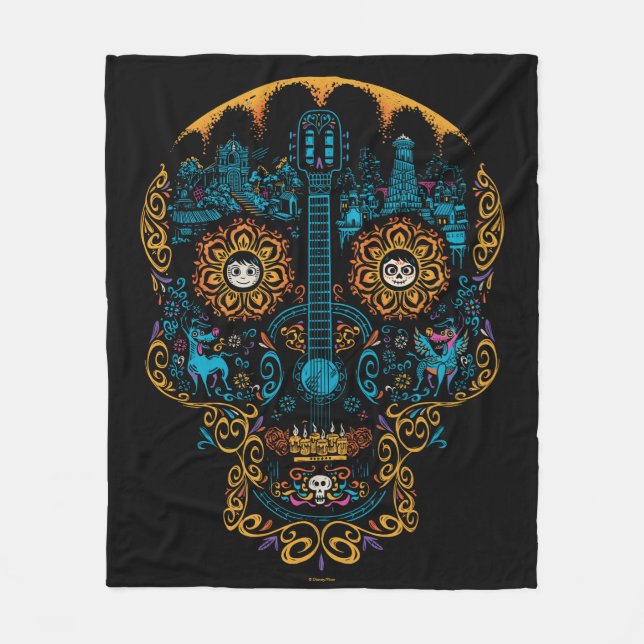 Disney Pixar Coco | Colourful Ornate Skull Guitar Fleece Blanket (Front)
