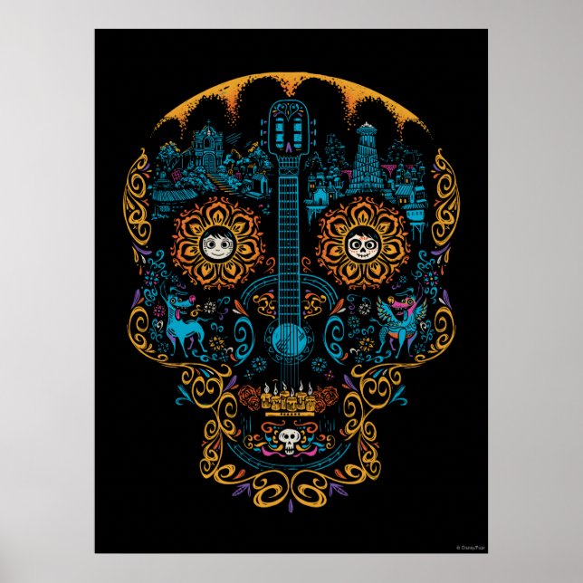 Disney Pixar Coco | Colourful Ornate Skull Guitar Poster (Front)