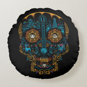 Disney Pixar Coco Colourful Ornate Skull Guitar Round Pillow