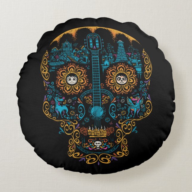 Disney Pixar Coco | Colourful Ornate Skull Guitar Round Pillow (Front)