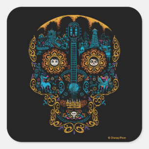Disney Pixar Coco   Colourful Ornate Skull Guitar Square Sticker