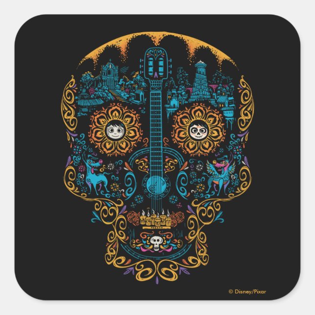 Disney Pixar Coco | Colourful Ornate Skull Guitar Square Sticker (Front)