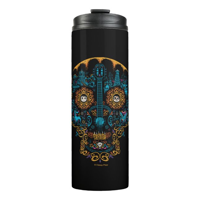 Disney Pixar Coco | Colourful Ornate Skull Guitar Thermal Tumbler (Front)