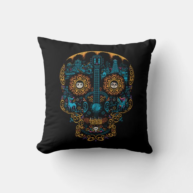 Disney Pixar Coco | Colourful Ornate Skull Guitar Throw Pillow (Front)