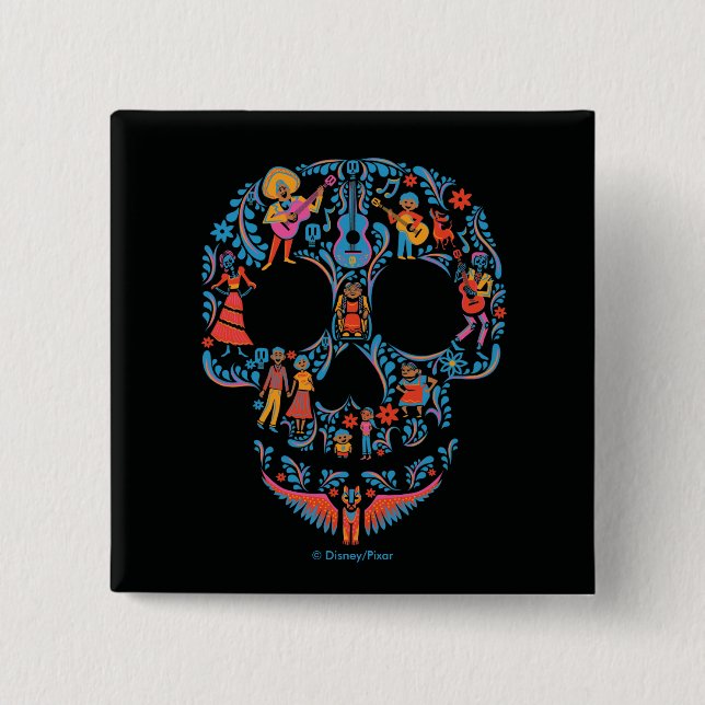 Disney Pixar Coco | Colourful Sugar Skull 2 Inch Square Button (Front)