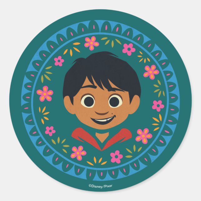 Disney Pixar Coco | Miguel | Floral Graphic Classic Round Sticker (Front)