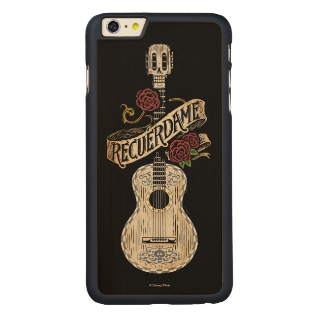 Disney Pixar Coco | Rustic Recuerdame Guitar Carved Wood iPhone Case (Back)