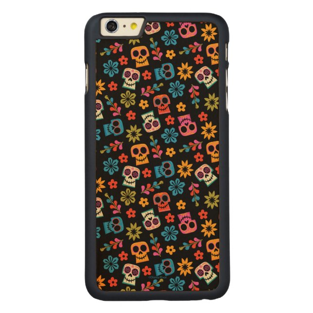 Disney Pixar Coco | Sugar Skull & Floral Pattern Carved Wood iPhone Case (Back)