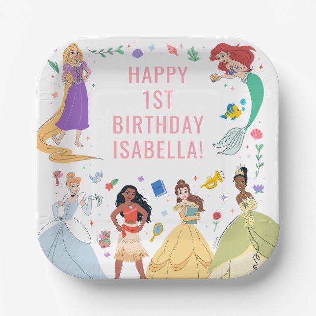 Disney Princess Birthday Floral Collage  Paper Plate (Front)