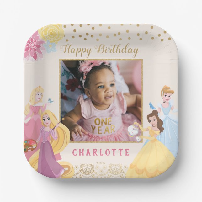 Disney Princess | Floral Gold Confetti Birthday Paper Plate (Front)