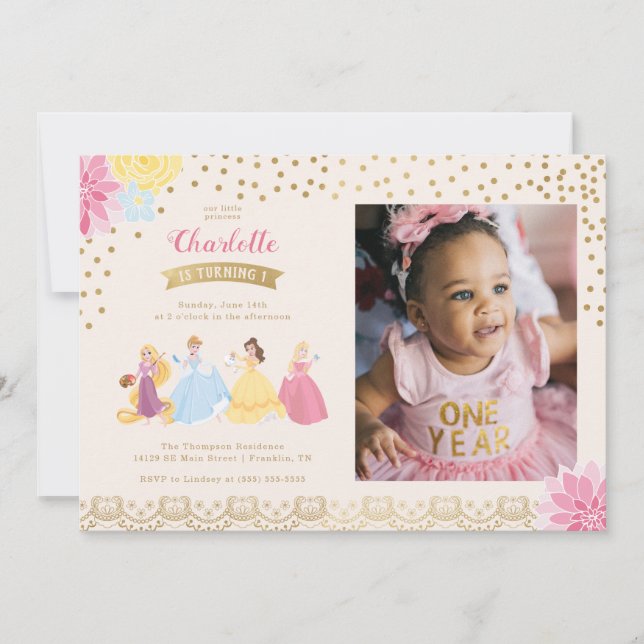 Disney Princess | Floral Gold Confetti - Photo Invitation (Front)