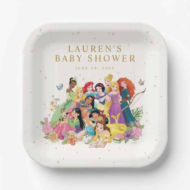 Disney Princess Gold Floral Baby Shower Paper Plate (Front)
