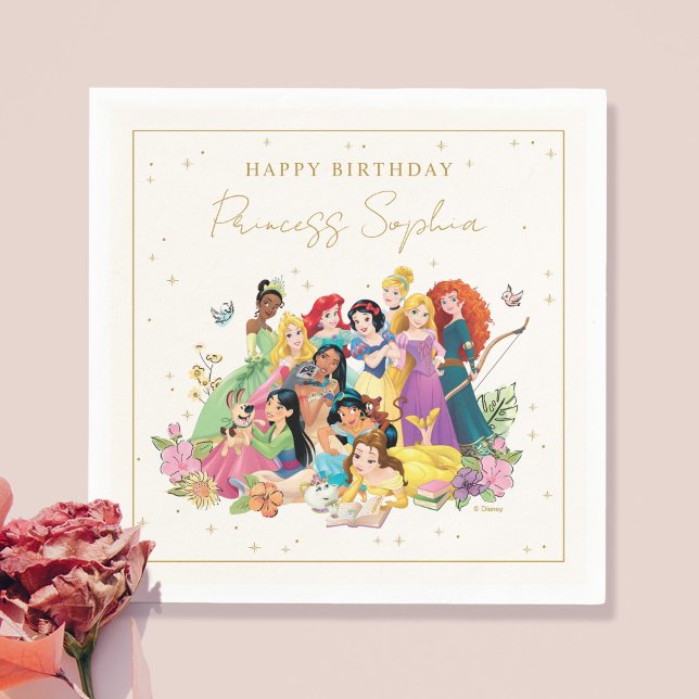 Disney Princess Gold Floral Birthday Napkin (Napkin on table)