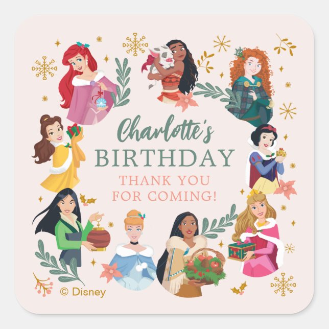 Disney Princess Holiday Birthday Square Sticker (Front)