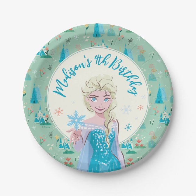 Disney's Elsa from Frozen Floral Girls Birthday  Paper Plate (Front)