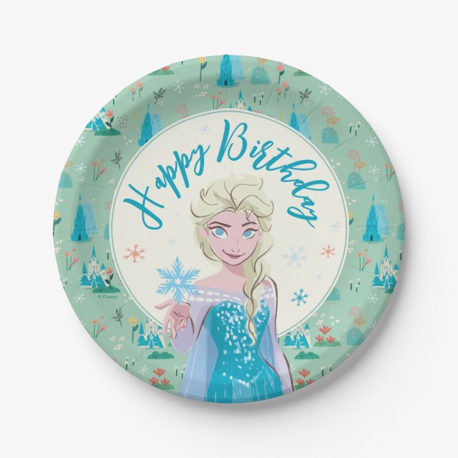 Disney's Elsa from Frozen Floral Girls Birthday  Paper Plate (Front)
