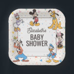 Disney's Mickey Mickey & Friends Baby Shower Paper Plate<br><div class="desc">This square paper plate features a cheerful and vibrant design perfect for a Disney-themed celebration. The layout showcases Mickey Mouse, Minnie Mouse, Donald Duck, Daisy Duck, Goofy, and Pluto encircling a central white frame. The background is covered in a playful pattern of multi-coloured confetti and pastel Mickey silhouettes. This plate...</div>