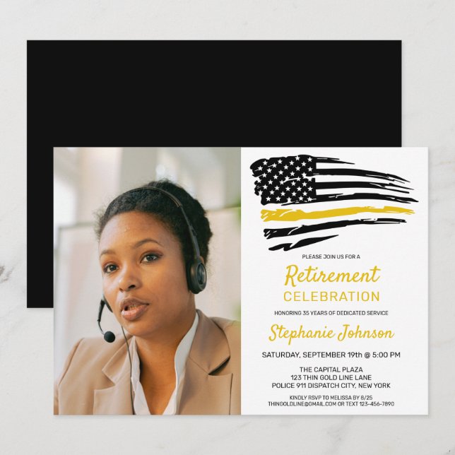 Dispatcher Custom Photo Thin Gold Line Retirement  Invitation (Front/Back)