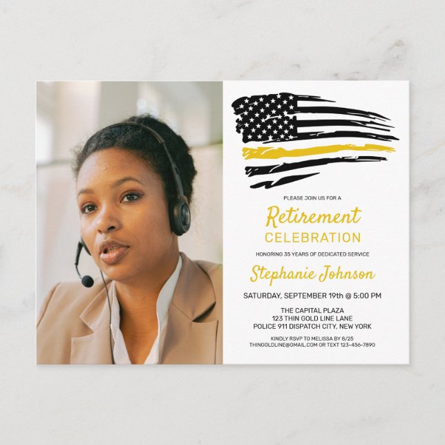 Dispatcher Custom Photo Thin Gold Line Retirement Invitation Postcard (Front)