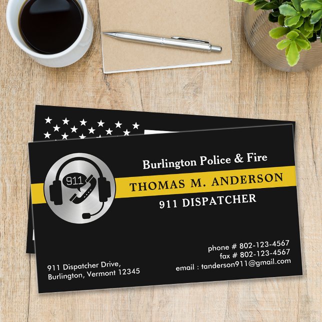 Dispatcher Custom Thin Gold Line 911 Logo Business Card (Creator Uploaded)