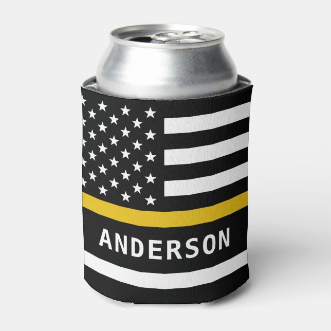 Dispatcher Flag Personalized 911 Thin Gold Line  Can Cooler (Can Front)