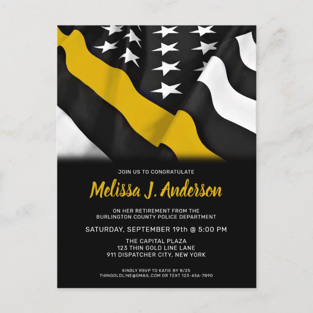 Dispatcher Retirement Personalized Thin Gold Line Invitation Postcard (Front)