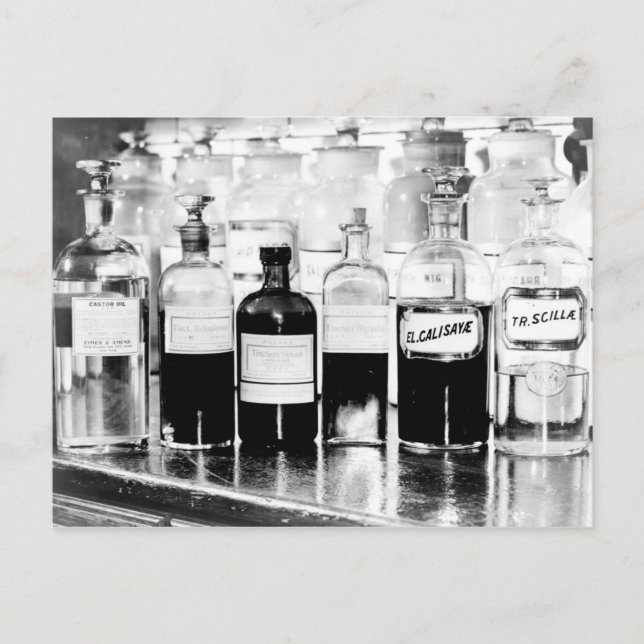 Display of apothecary bottles containing drugs postcard (Front)