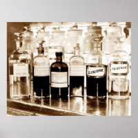 Display of apothecary bottles containing drugs