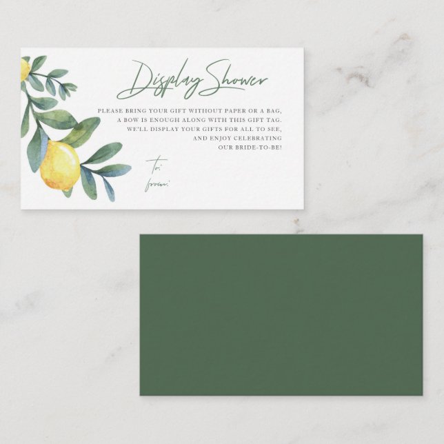 Display Shower card, No Wrap, Lemon Bridal Shower  Enclosure Card (Front/Back)