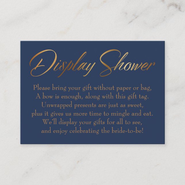 Display Shower Elegant Gold Script on Navy Card (Front)