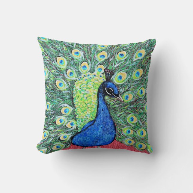 Displaying Peacock Painting Throw Pillow (Front)