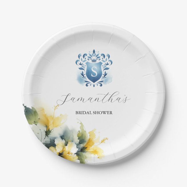 Disposable Bridal Shower Plates Blue Yellow (Front)