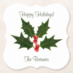 Disposable Happy Holidays Holly Personalized Paper Coaster