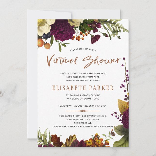 Distance shower burgundy floral virtual shower invitation (Front)