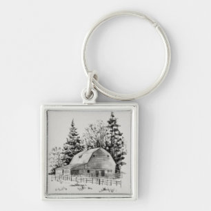 Distant Barn Sketch I Keychain