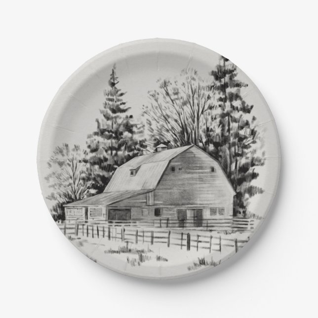 Distant Barn Sketch I Paper Plate (Front)