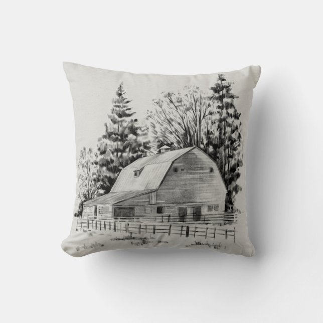 Distant Barn Sketch I Throw Pillow (Front)
