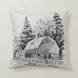 Distant Barn Sketch I Throw Pillow
