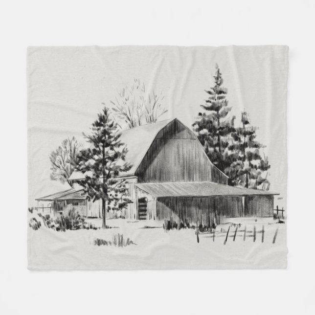 Distant Barn Sketch II Fleece Blanket (Front (Horizontal))