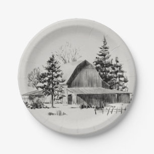 Distant Barn Sketch II Paper Plate