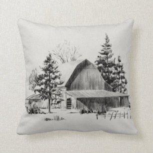 Distant Barn Sketch II Throw Pillow