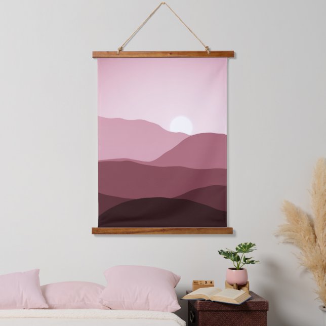 Distant Mountains Dark Mauve Blush Pink Sunset Hanging Tapestry (Bedroom)