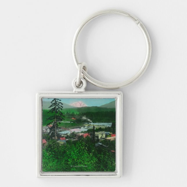 Distant View of Glacier Peak and Town Keychain (Front)