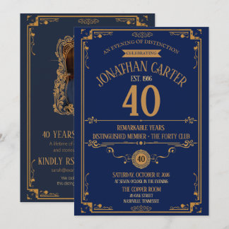Distinguished Forty Club Navy Gold 40th Birthday Invitation
