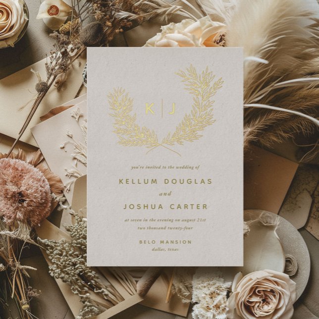Distinguished Monogram Wedding Gold (Distinguished monogram laurels gold foiled wedding invitations.)