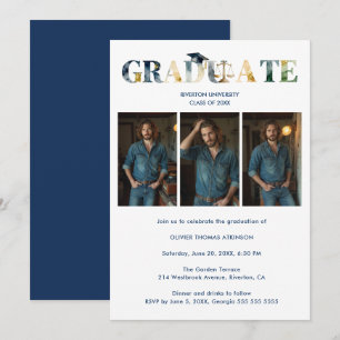 Distinguished Navy Blue Grad Law 3-Photo Layout Invitation