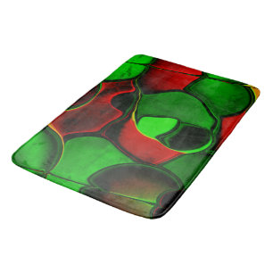 Distorted and strange shapes, red and green colour bath mat