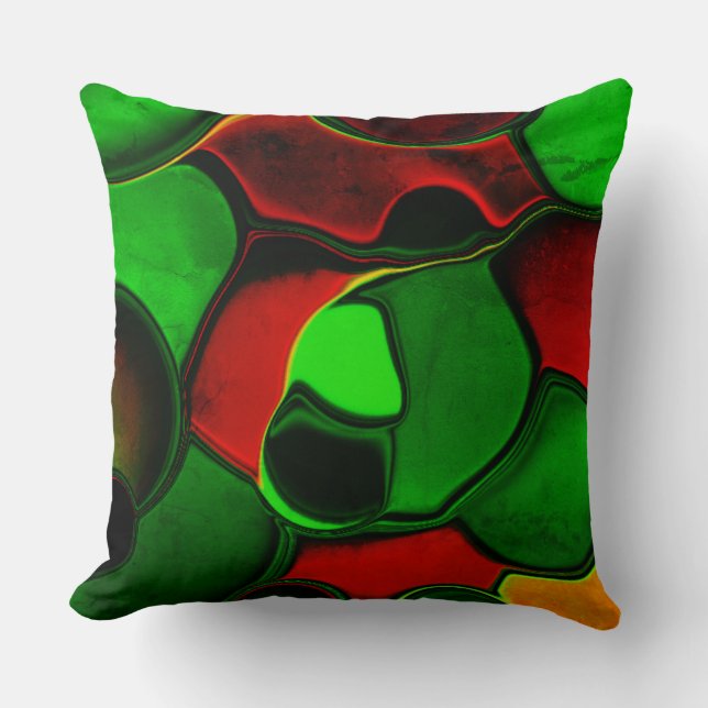 Distorted and strange shapes, red and green colour throw pillow (Front)